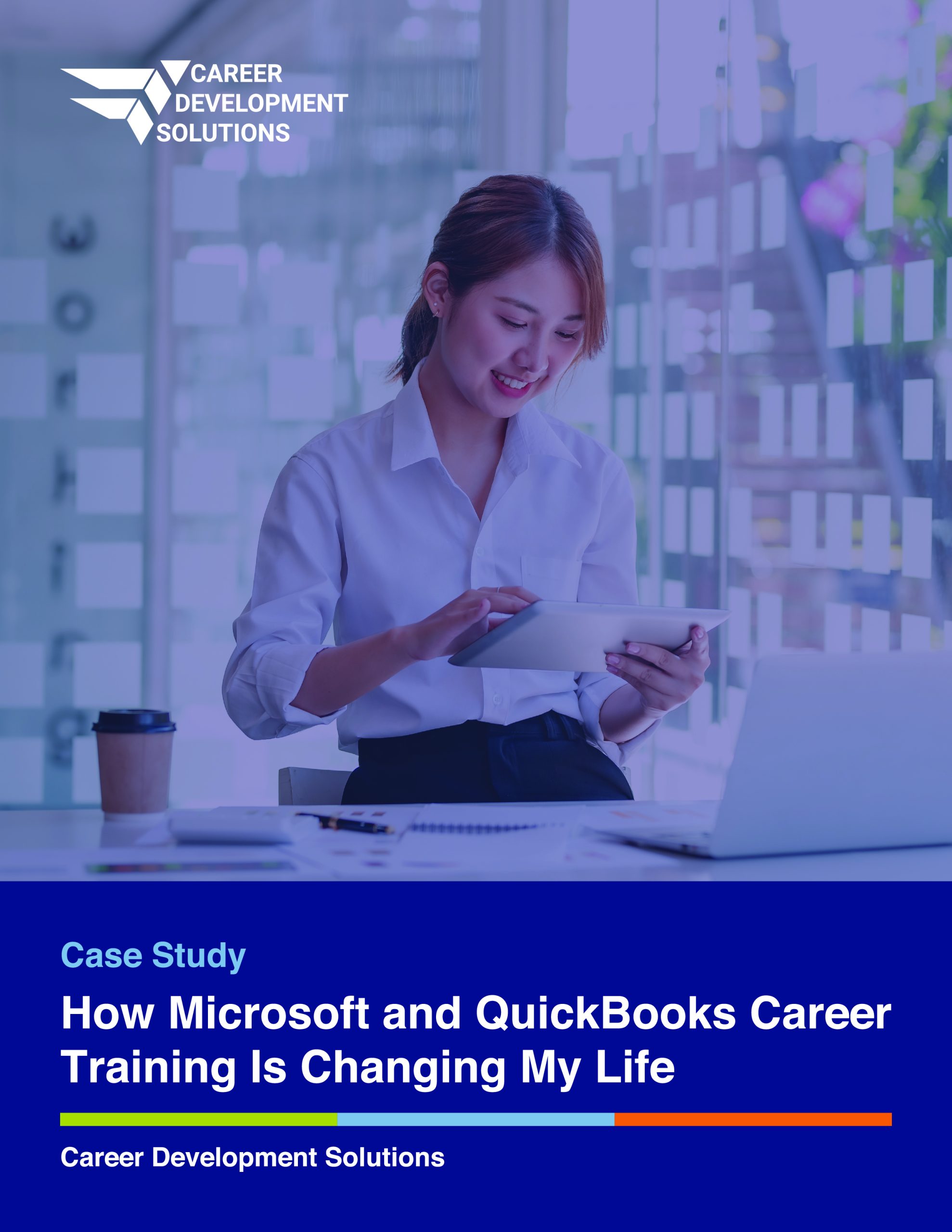 the front page of the "How Microsoft and Quickbooks Career Training is Changing My Life" case study book. The cover has a smiling woman operating several digital devices while working.
