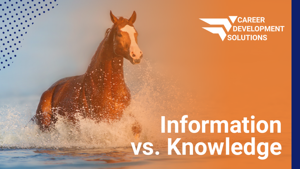A horse running through shallow water, the text reads "Information vs Knowledge"
